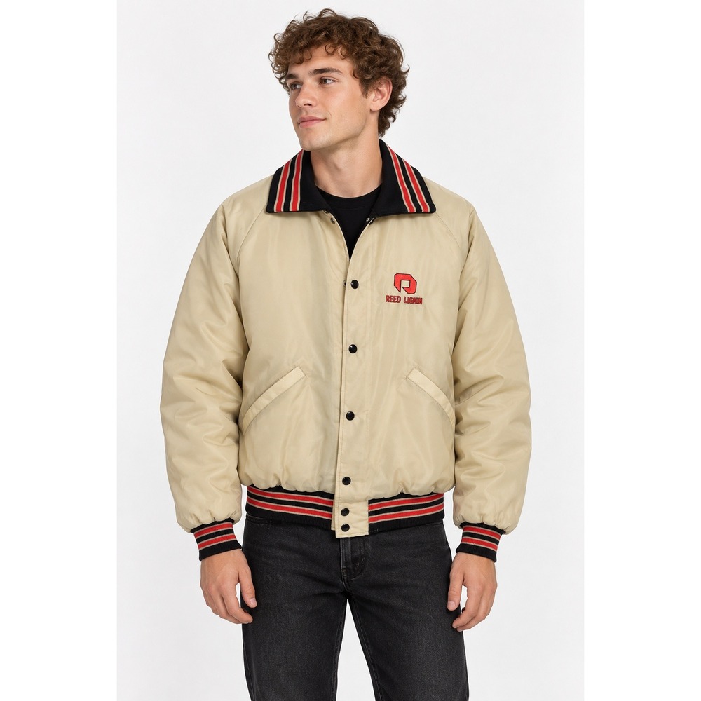 Vintage Butwin Reed Lignin Varsity Bomber Jacket M Beige USA Union Made 80s